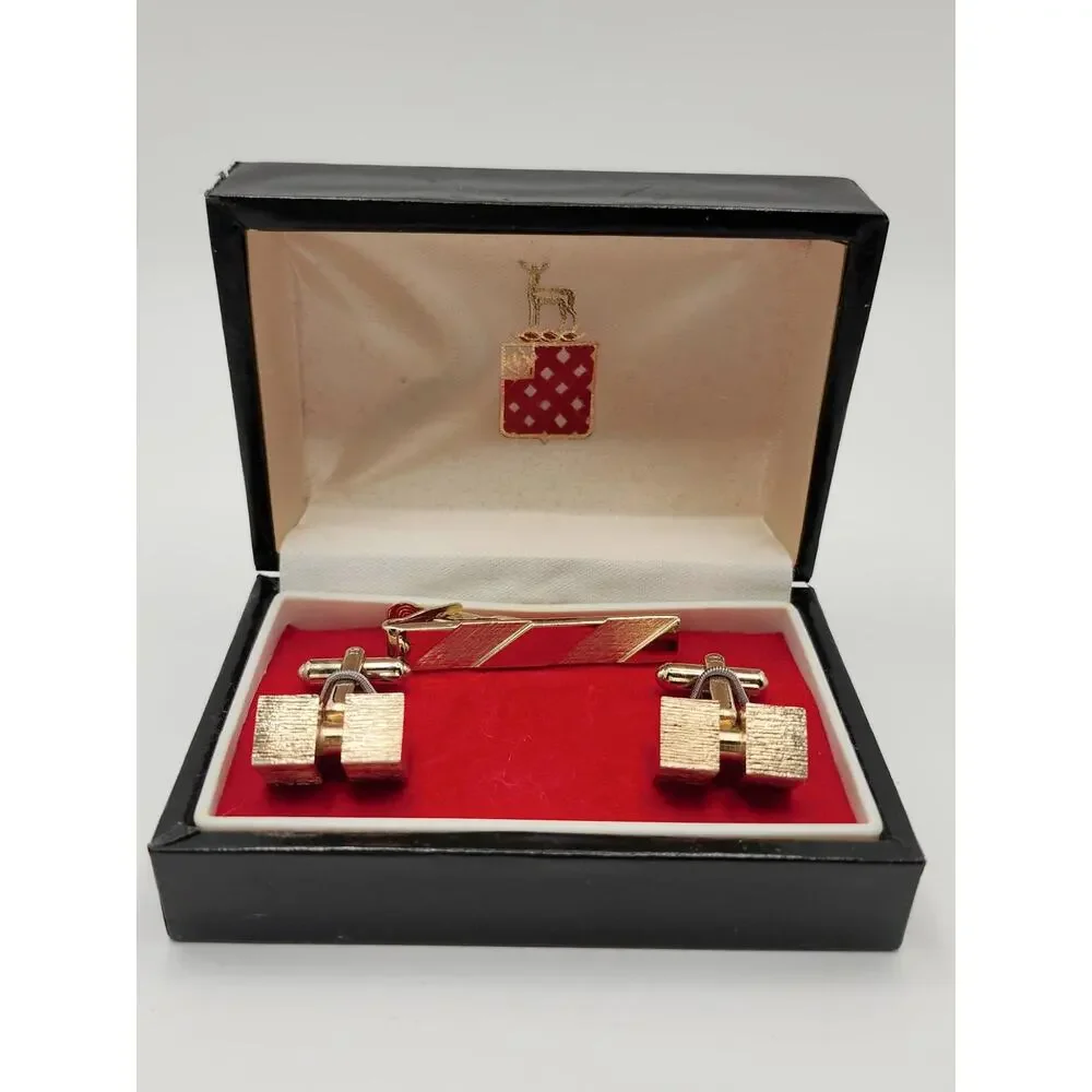 Vintage Brushed Gold Tone CuffLinks and Tie Clip, NEW OLD STOCK